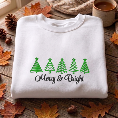 Merry Bright Embroidered Sweatshirt, Christmas Trees Sweatshirt,  Merry Embroidered T Shirt, Sweatshirt For Woman Gift.
