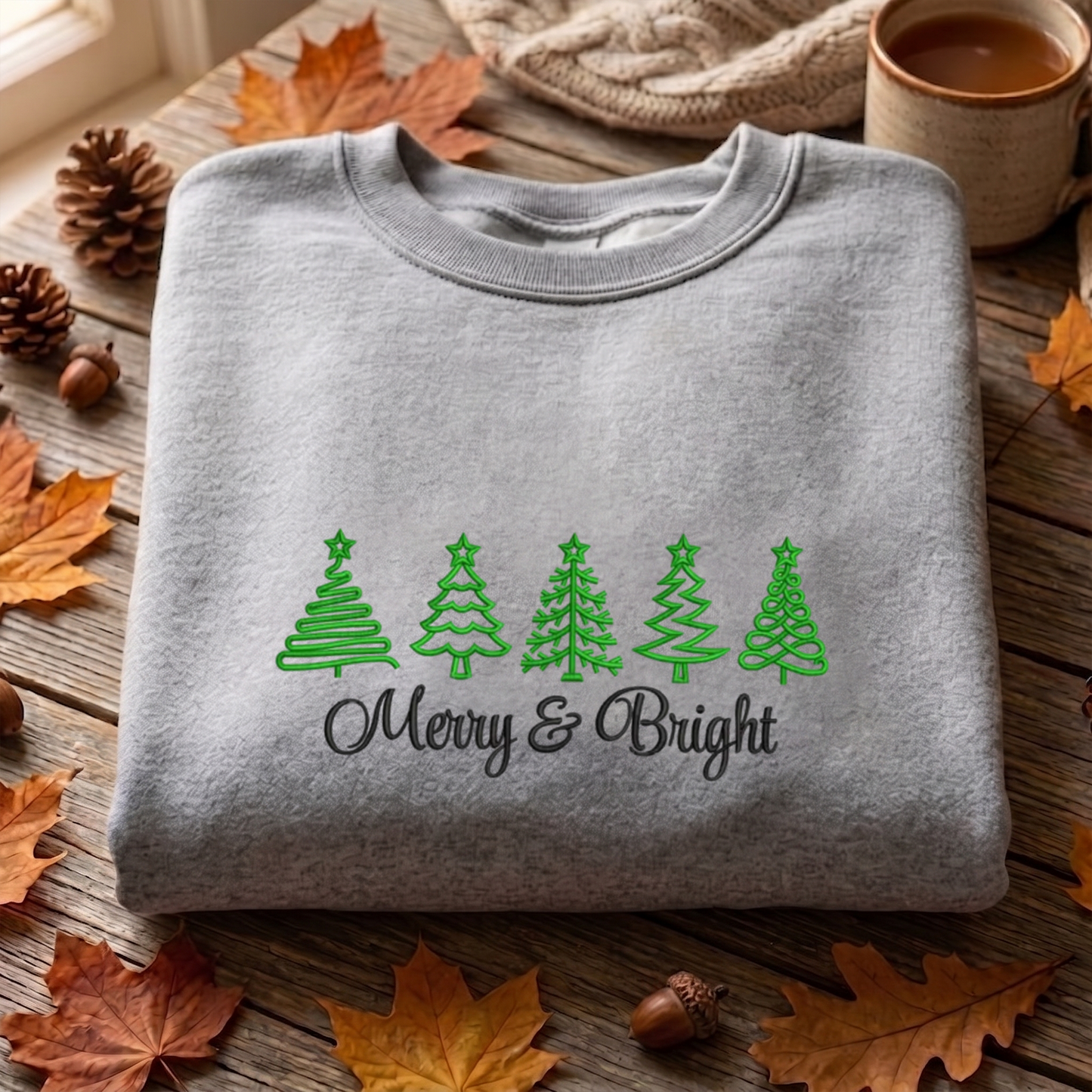 Merry Bright Embroidered Sweatshirt, Christmas Trees Sweatshirt,  Merry Embroidered T Shirt, Sweatshirt For Woman Gift.