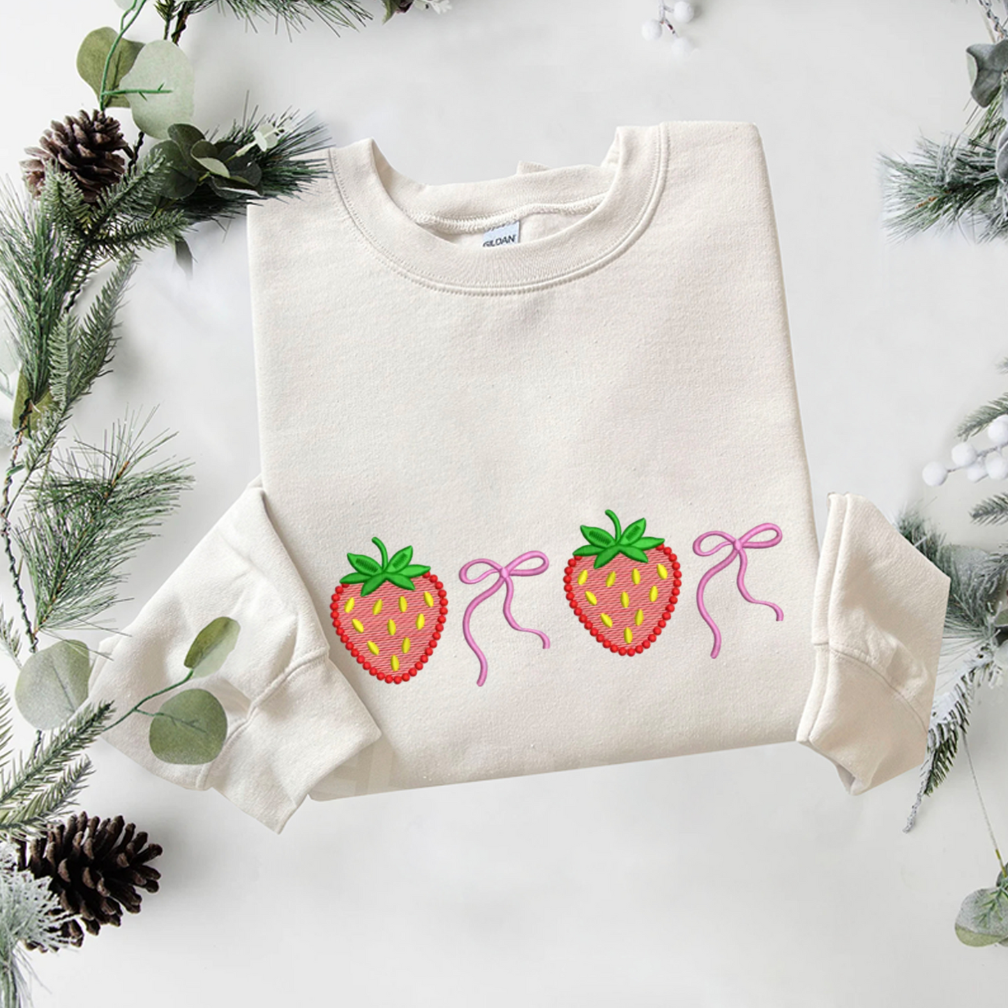 Bow Strawberry Embroidered Sweatshirt, Gardener Sweatshirt, Summer Strawberry Embroidered T Shirt, Sweatshirt For Woman Gift.