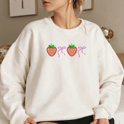 Bow Strawberry Embroidered Sweatshirt, Gardener Sweatshirt, Summer Strawberry Embroidered T Shirt, Sweatshirt For Woman Gift.