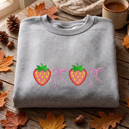 Bow Strawberry Embroidered Sweatshirt, Gardener Sweatshirt, Summer Strawberry Embroidered T Shirt, Sweatshirt For Woman Gift.
