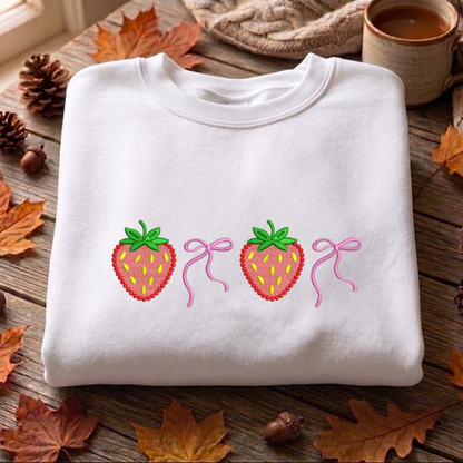 Bow Strawberry Embroidered Sweatshirt, Gardener Sweatshirt, Summer Strawberry Embroidered T Shirt, Sweatshirt For Woman Gift.