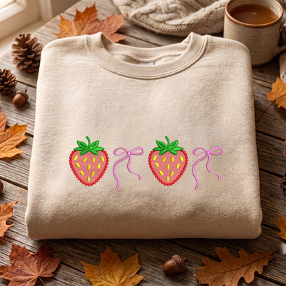 Bow Strawberry Embroidered Sweatshirt, Gardener Sweatshirt, Summer Strawberry Embroidered T Shirt, Sweatshirt For Woman Gift.