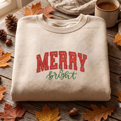 Merry Bright Embroidered Sweatshirt, Christmas Sweatshirt, Winter Embroidered T Shirt, Sweatshirt For Woman Gift.