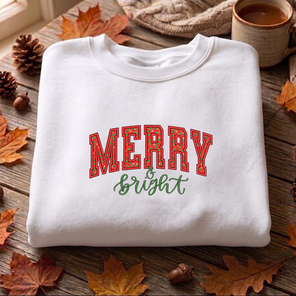 Merry Bright Embroidered Sweatshirt, Christmas Sweatshirt, Winter Embroidered T Shirt, Sweatshirt For Woman Gift.