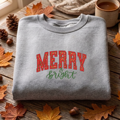 Merry Bright Embroidered Sweatshirt, Christmas Sweatshirt, Winter Embroidered T Shirt, Sweatshirt For Woman Gift.