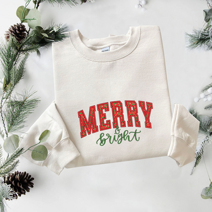 Merry Bright Embroidered Sweatshirt, Christmas Sweatshirt, Winter Embroidered T Shirt, Sweatshirt For Woman Gift.