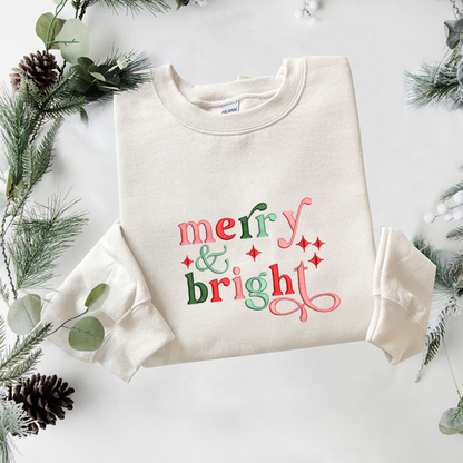 Merry And Bright Embroidered Sweatshirt, Christmas Sweatshirt, Winter Embroidered T Shirt, Sweatshirt For Woman Gift.