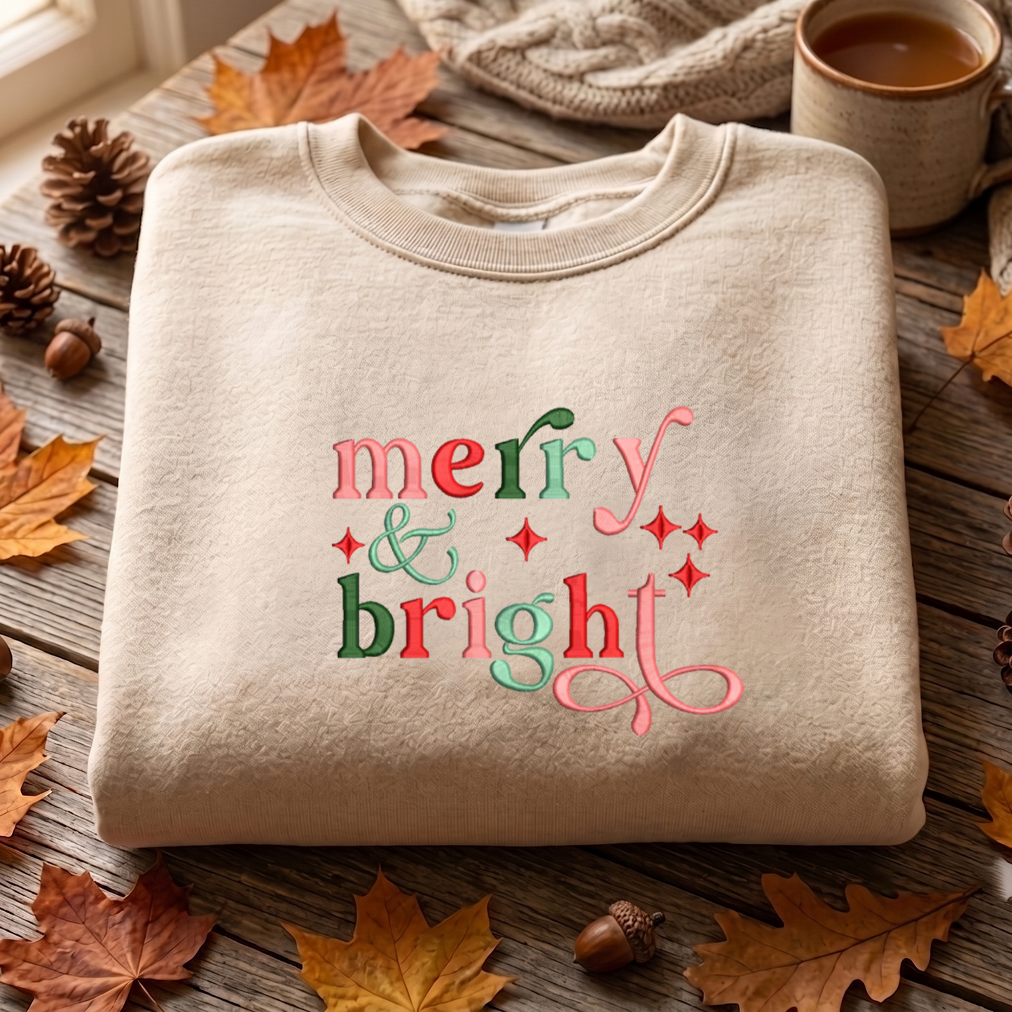 Merry And Bright Embroidered Sweatshirt, Christmas Sweatshirt, Winter Embroidered T Shirt, Sweatshirt For Woman Gift.