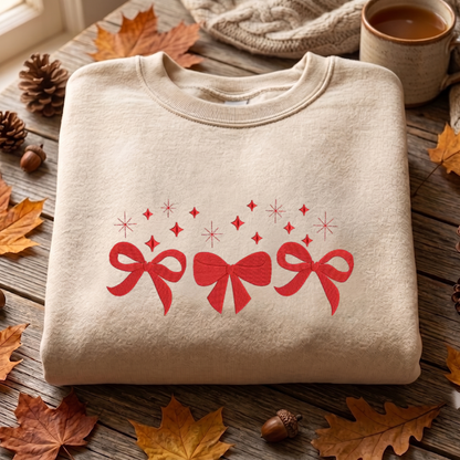 Coquette Bow Christmas Embroidered Sweatshirt, Christmas Sweatshirt, Winter Embroidered T Shirt, Sweatshirt For Woman Gift.
