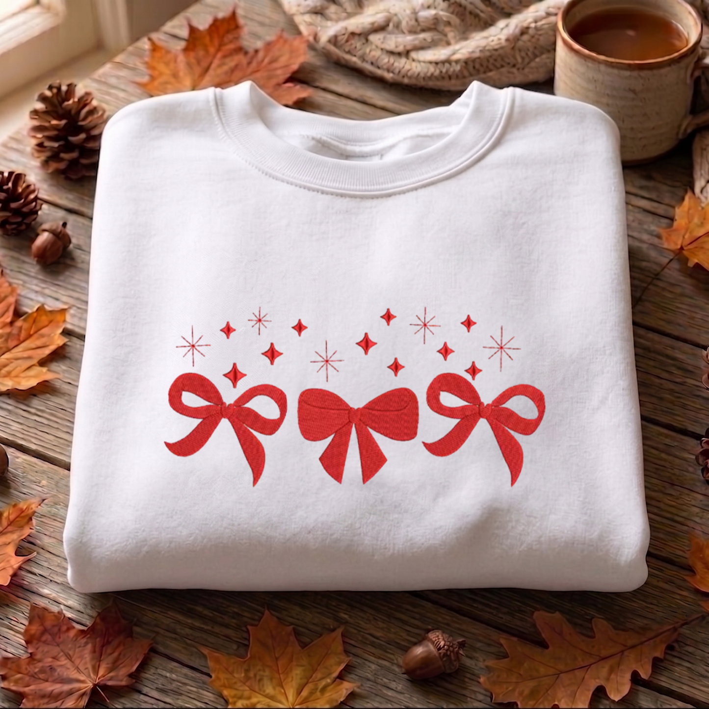 Coquette Bow Christmas Embroidered Sweatshirt, Christmas Sweatshirt, Winter Embroidered T Shirt, Sweatshirt For Woman Gift.