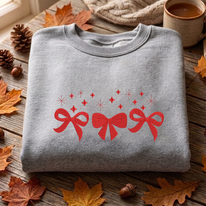 Coquette Bow Christmas Embroidered Sweatshirt, Christmas Sweatshirt, Winter Embroidered T Shirt, Sweatshirt For Woman Gift.