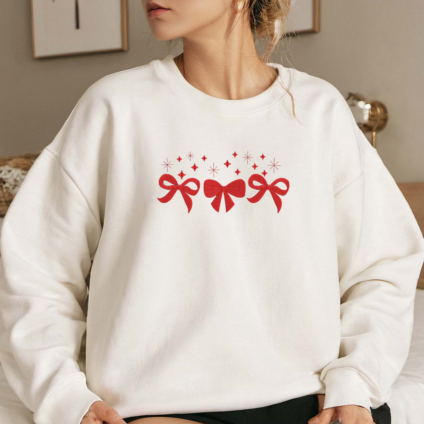 Coquette Bow Christmas Embroidered Sweatshirt, Christmas Sweatshirt, Winter Embroidered T Shirt, Sweatshirt For Woman Gift.